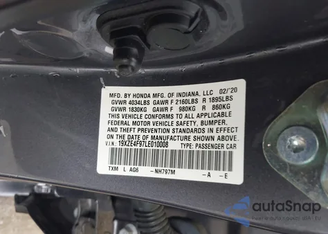 2020 Honda Insight Touring z USA, uszkodzony, nr VIN 19XZE4F97LE010008